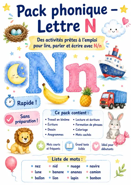 French Letter N Phonics Worksheets Pack