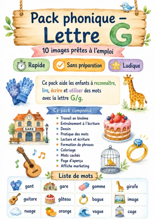 French Letter G Phonics Worksheets Pack