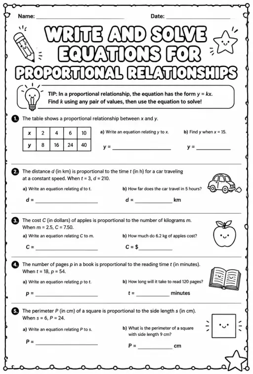 Write and solve equations for proportional relationships