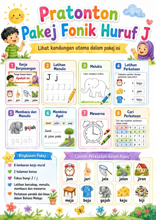 Malay Letter J Phonics Worksheets Pack