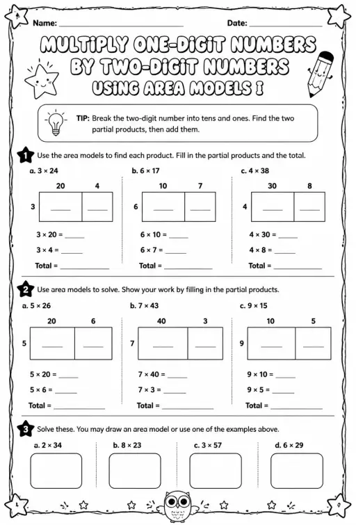 Multiply one-digit numbers by two-digit numbers using area models I