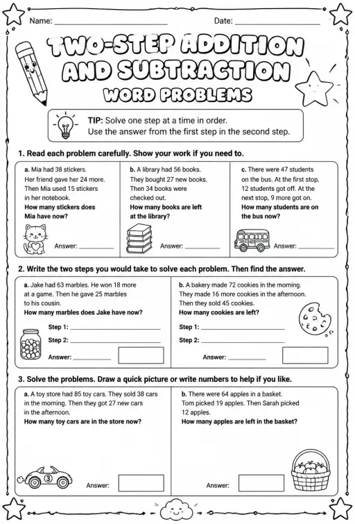 Two-step addition and subtraction word problems