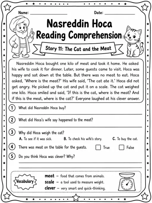 Nasreddin Hoca Reading Comprehension: The Cat and the Meat