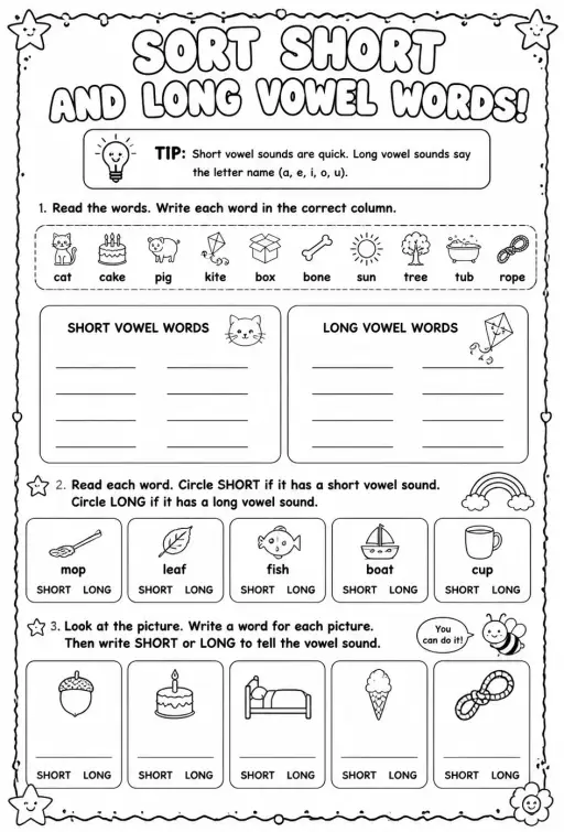 Sort short and long vowel words