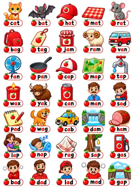 Short Vowel Word Families English Vocabulary Stickers