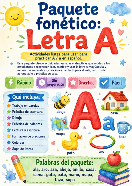 Spanish Letter A Phonics Worksheets Pack