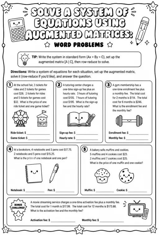 Solve a system of equations using augmented matrices: word problems