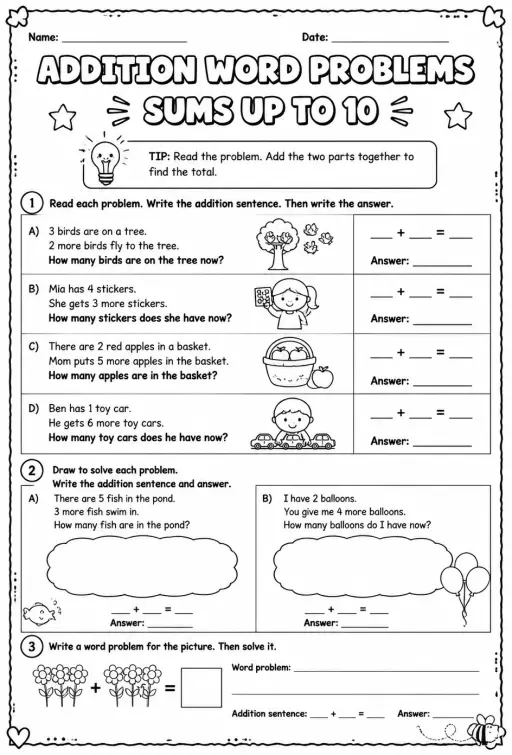 Addition word problems - sums up to 10