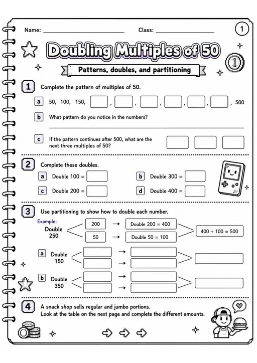 Doubling Multiples of 50 - Grade 3 Math Worksheet - grade 3 Graphs, tables, and data interpretation