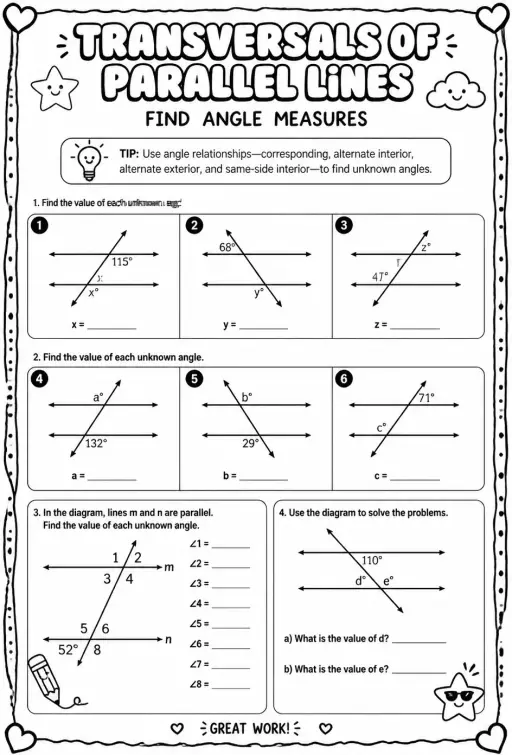 Transversals of parallel lines: find angle measures