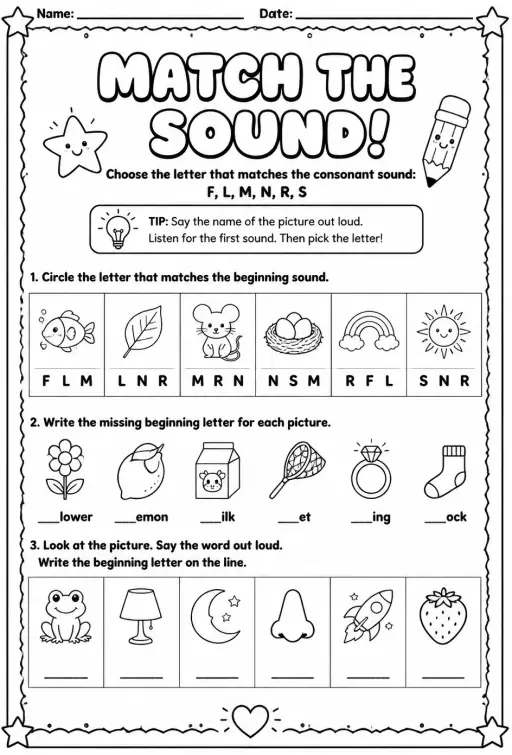 Choose the letter that matches the consonant sound: F, L, M, N, R, S