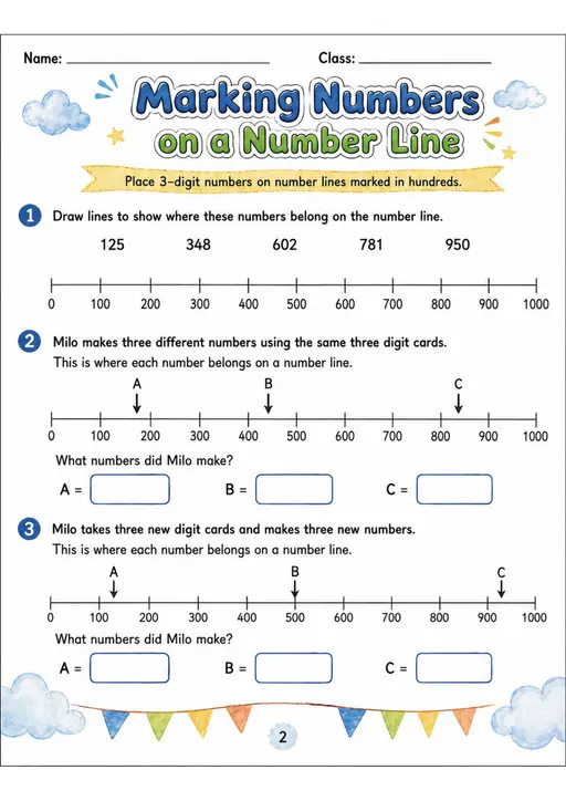 Marking Numbers on a Number Line - Grade 3 Math Worksheet - grade 3 Diagrams, models, and drawing tasks