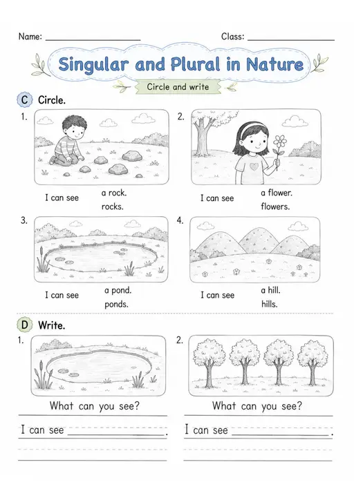 Singular and Plural in Nature | Grade 1 Grammar Worksheet