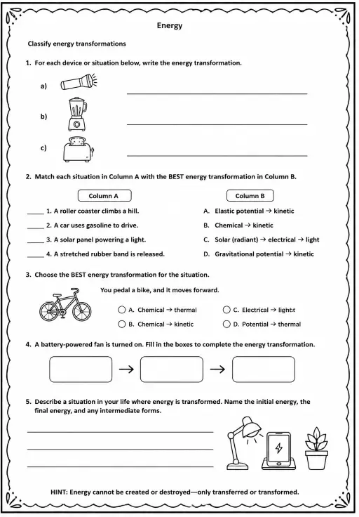 Classify energy transformations