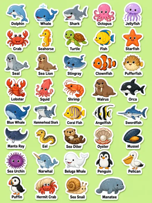 Ocean Animals Printable Sticker Sheet