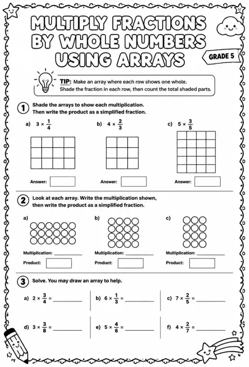 Multiply fractions by whole numbers using arrays