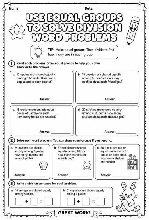 Use equal groups to solve division word problems