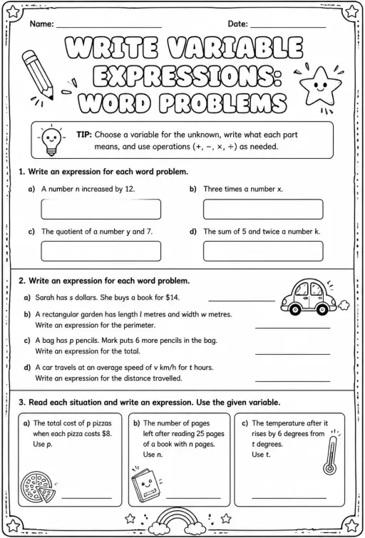 Write variable expressions: word problems