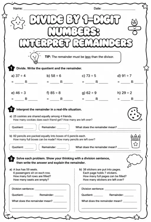 Divide by 1-digit numbers: interpret remainders