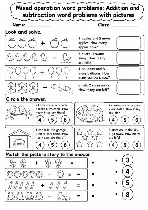 Kindergarten Mixed Operation Word Problems Math Worksheet Pack