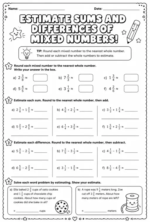 Estimate sums and differences of mixed numbers
