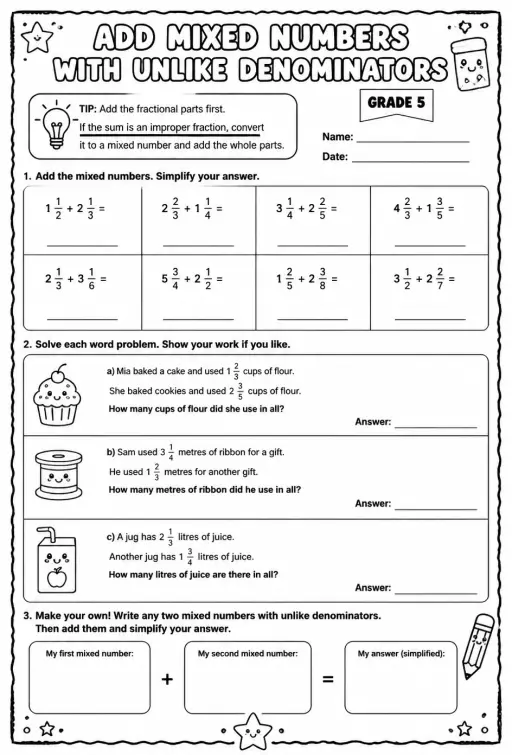 Add mixed numbers with unlike denominators
