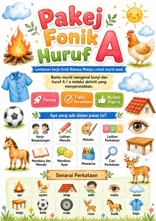 Malay Letter A Phonics Worksheets Pack