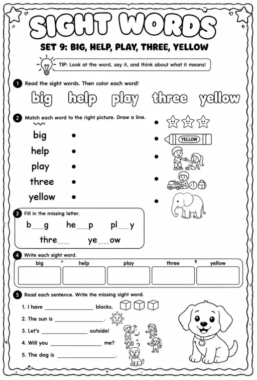 Read sight words set 9: big, help, play, three, yellow