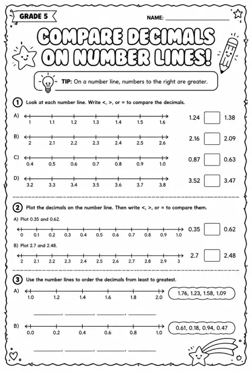 Compare decimals on number lines