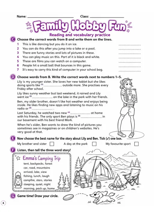 Cambridge MOVERS - Family Hobby Fun | Free Worksheet