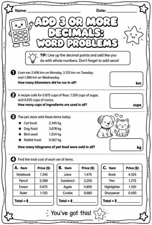 Add 3 or more decimals: word problems