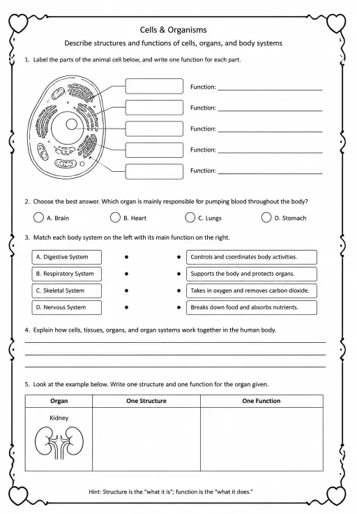 Describe structures and functions of cells, organs, and body systems