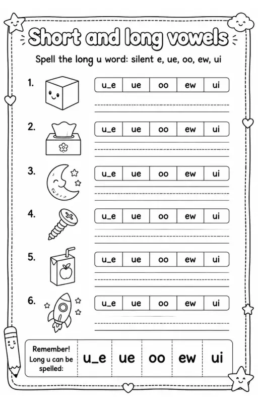 Spell the long u word: silent e, ue, oo, ew, ui