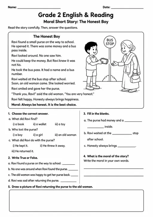 Free Printable Grade 2 ELA Moral Short Stories Reading Worksheet