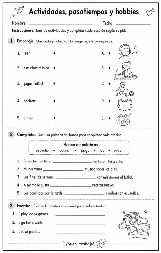 Reconocer palabras, frases o oraciones en español relacionadas con actividades diarias.