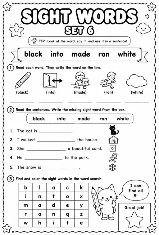 Read sight words set 6: black, into, made, ran, white