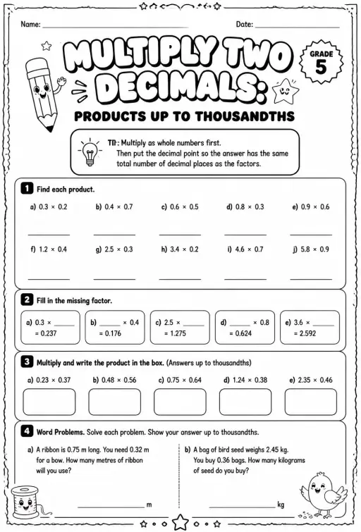 Multiply two decimals: products up to thousandths