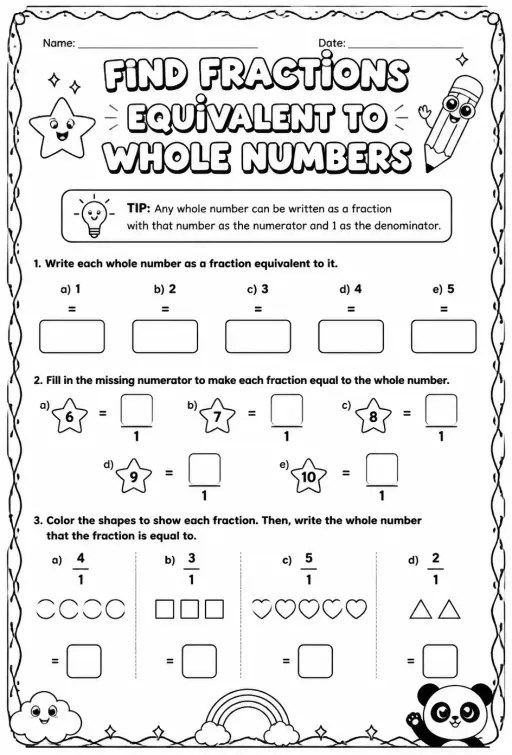 Find fractions equivalent to whole numbers