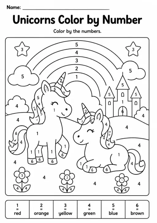 Unicorns Color by Number — Kindergarten