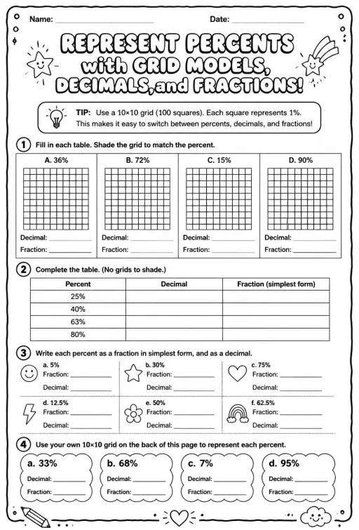 Represent percents with grid models, decimals, and fractions