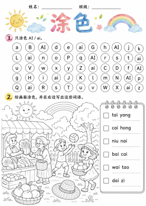 Chinese Pinyin Letter ai Phonics Worksheets Pack