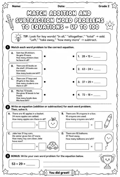 Match addition and subtraction word problems to equations - up to 100