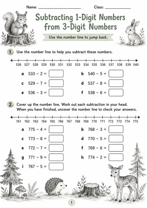 Subtracting 1-Digit Numbers from 3-Digit Numbers - Grade 3 Math Worksheet - grade 3 Printable independent practice
