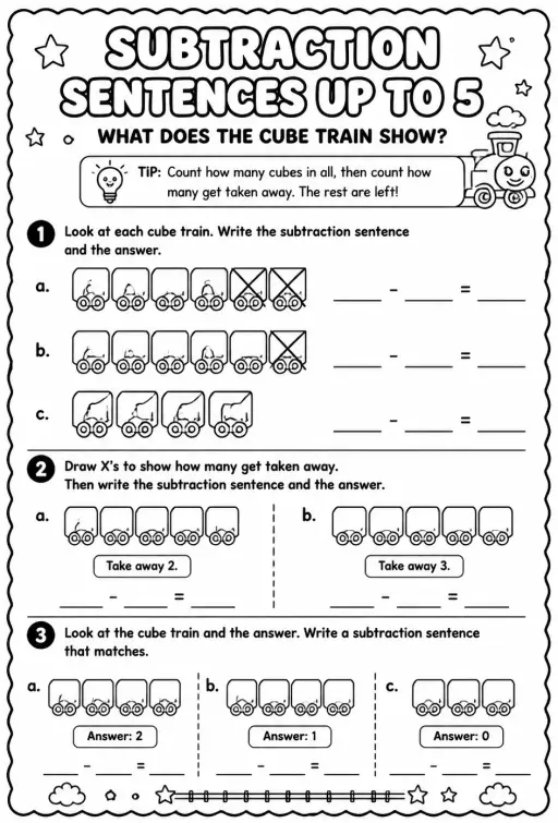 Subtraction sentences up to 5 - what does the cube train show?