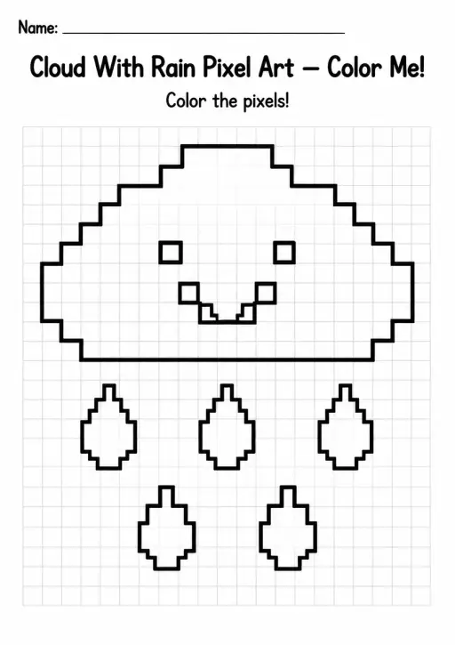 Cloud With Rain Pixel Art Coloring Page