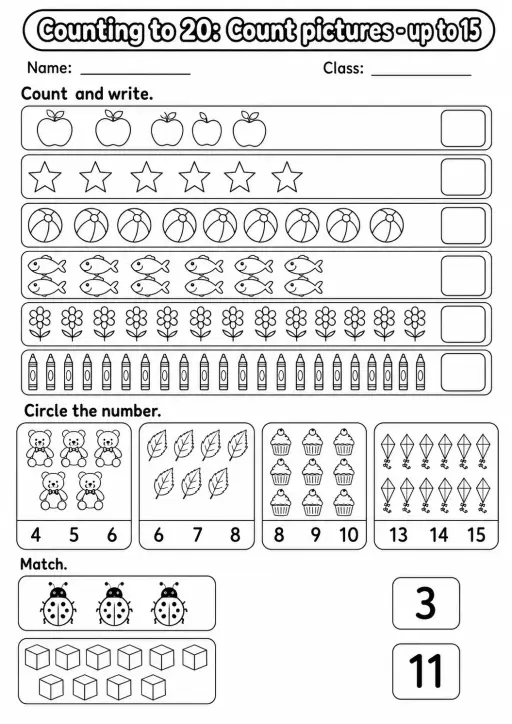 Kindergarten Counting to 20 Math Worksheet Pack