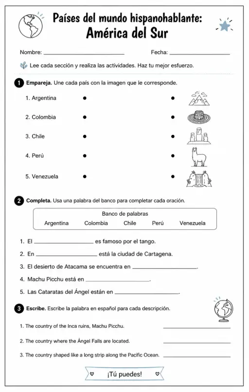 Reconocer palabras, frases o oraciones en español relacionadas con países hispanohablantes en América del Sur.