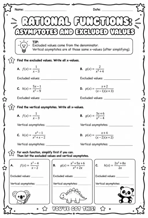 Rational functions: asymptotes and excluded values