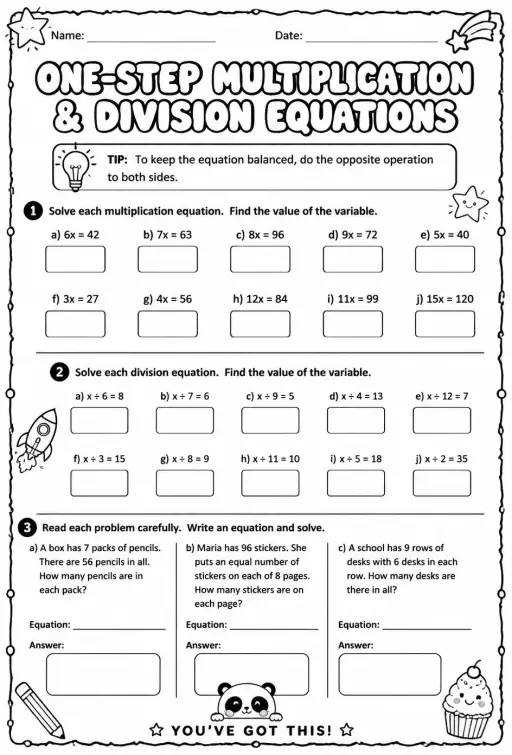 Solve one-step multiplication and division equations with whole numbers
