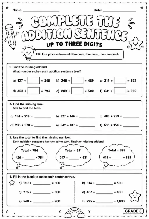 Complete the addition sentence: up to three digits